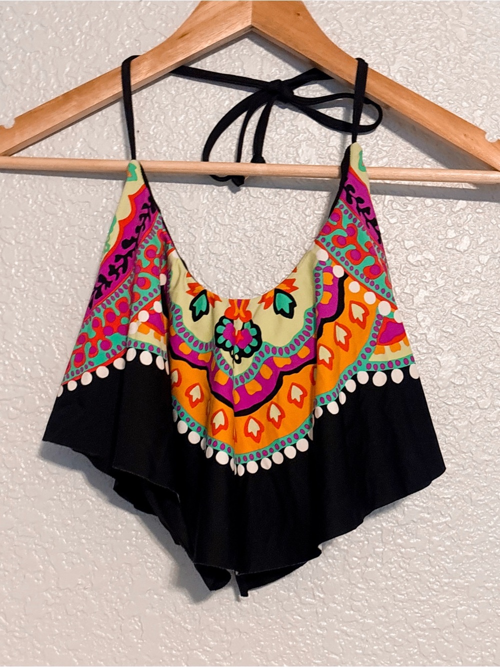 Trina Turk Black Swim Crop Top with Bright Orange, Pink & Yellow Pattern